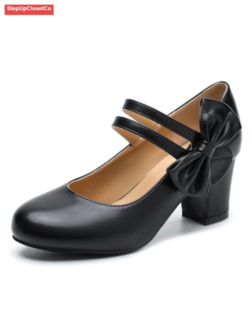 Mary Jane Pumps Side Bow Round Closed Toe Double Strap Chunky Heel Shoes